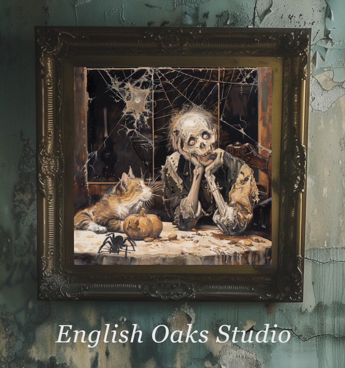 Skeleton Cat Table Pumpkin Spider Cobwebs Gothic Dark Academia Art Poster