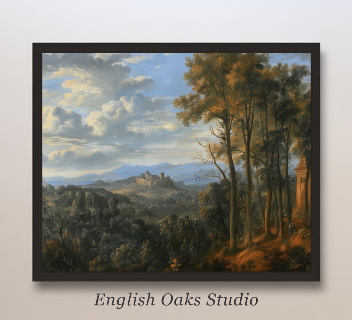 Moody Rustic Alpine Landscape Forest Painting Vintage Mountain Scape Print