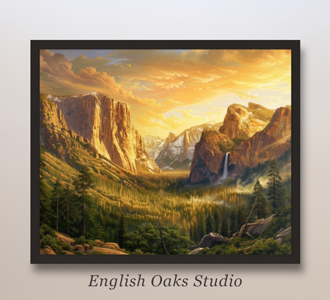 Golden Sunset Granite Canyon Valley Waterfall Pine Forest Poster