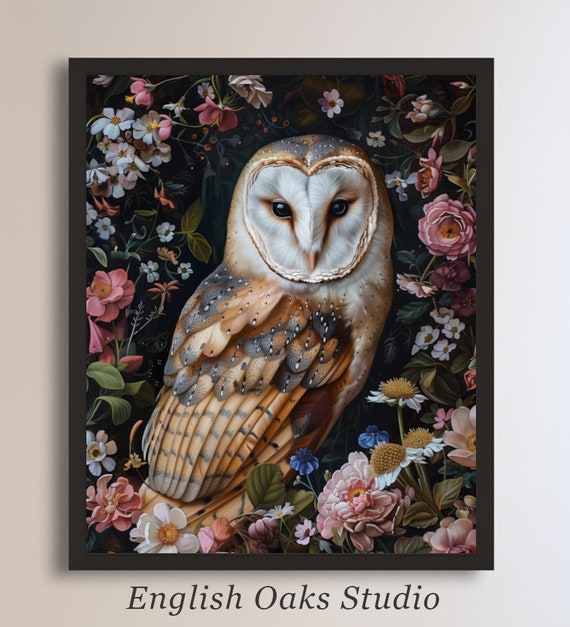 Dark Academia Victorian Floral Barn Owl Painting Moody Goth Cottagecore Bird Botanical Whimsigoth Print