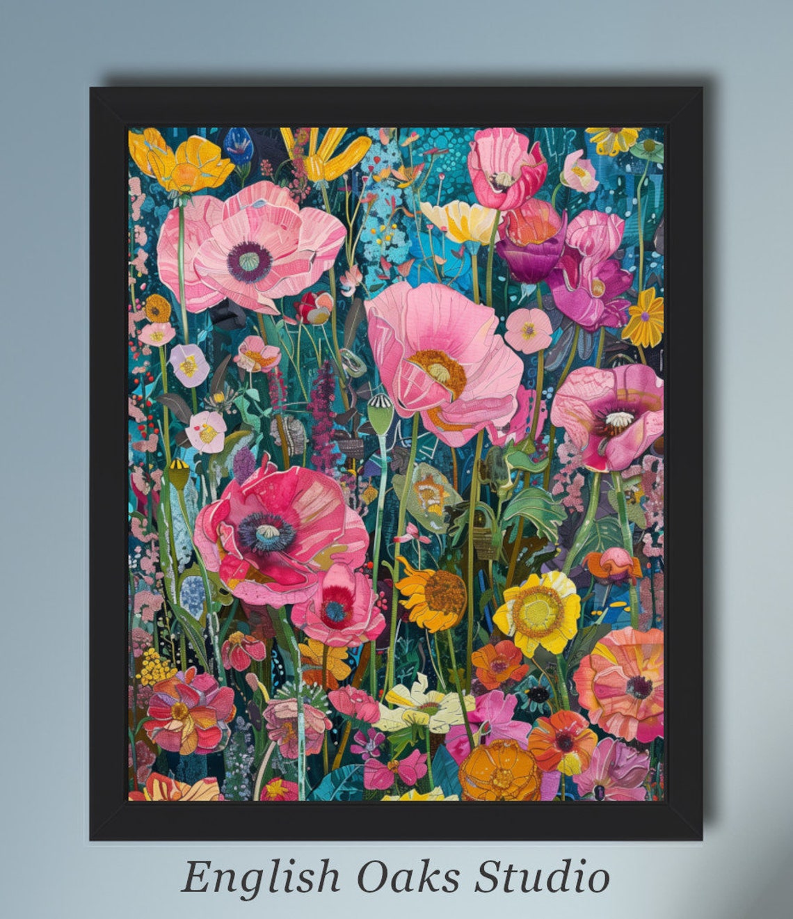 Vibrant Poppy Wildflowers Pink Yellow Dark Teal Floral Painting Poster