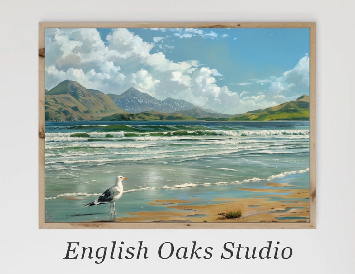 Lone Seagull Standing on a Beach with Waves and Mountains Poster