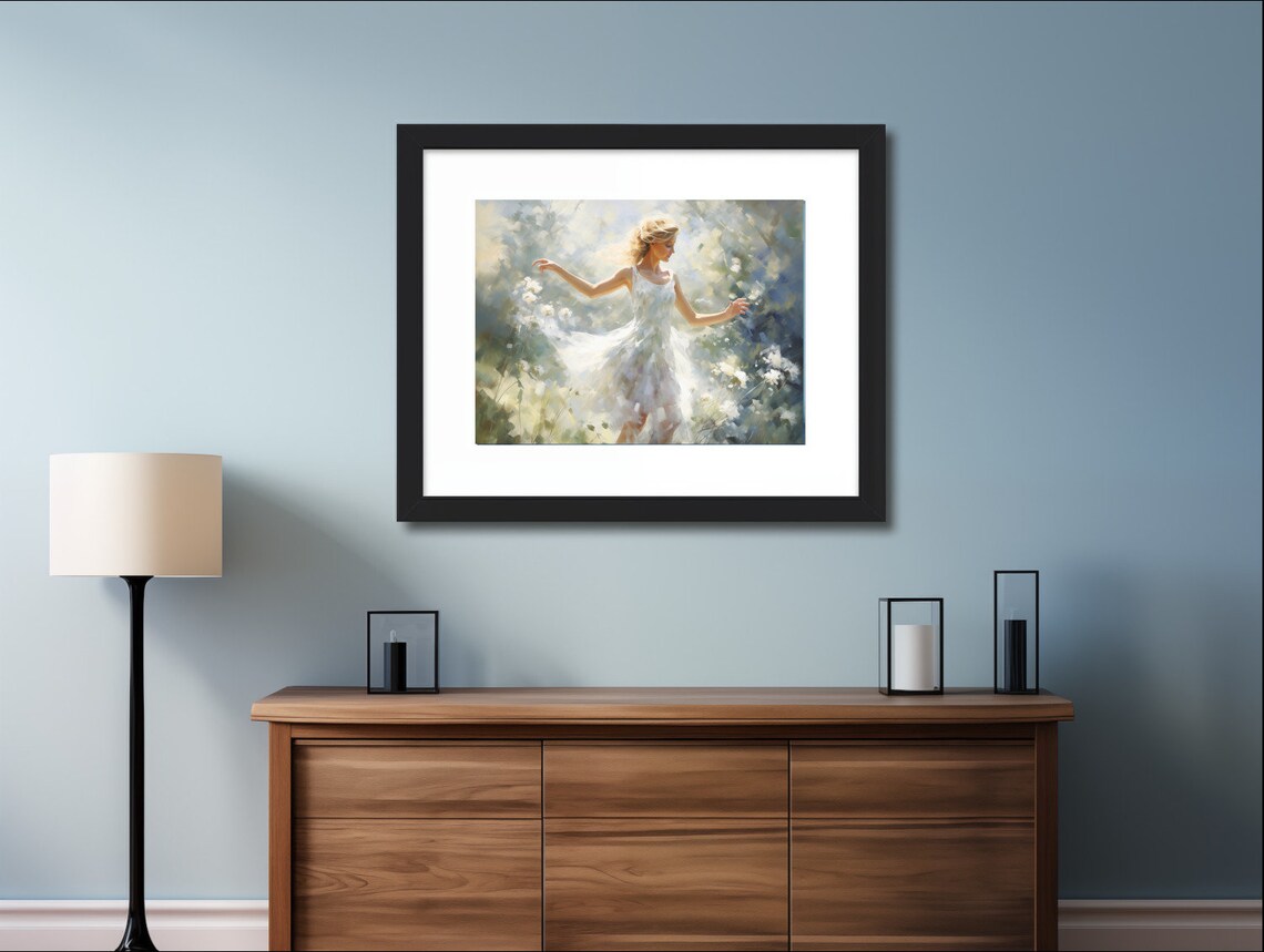 Woman in White Dress Dancing Among Wildflowers Dreamy Poster - Image 2
