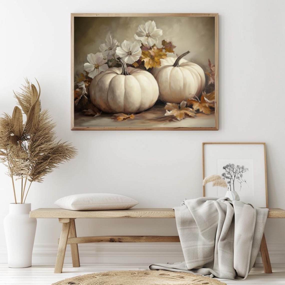 White Pumpkins with White Blooms and Fall Leaves Neutral Still Life Poster - Image 2