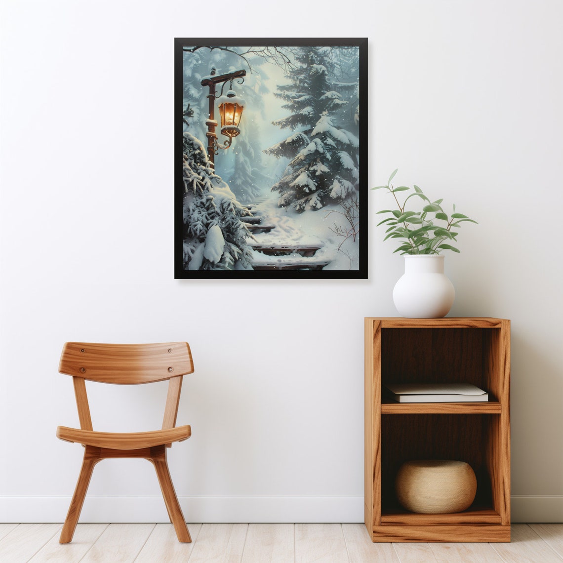 Glowing Lantern Lighting Snowy Forest Steps Winter Night Poster - Image 2