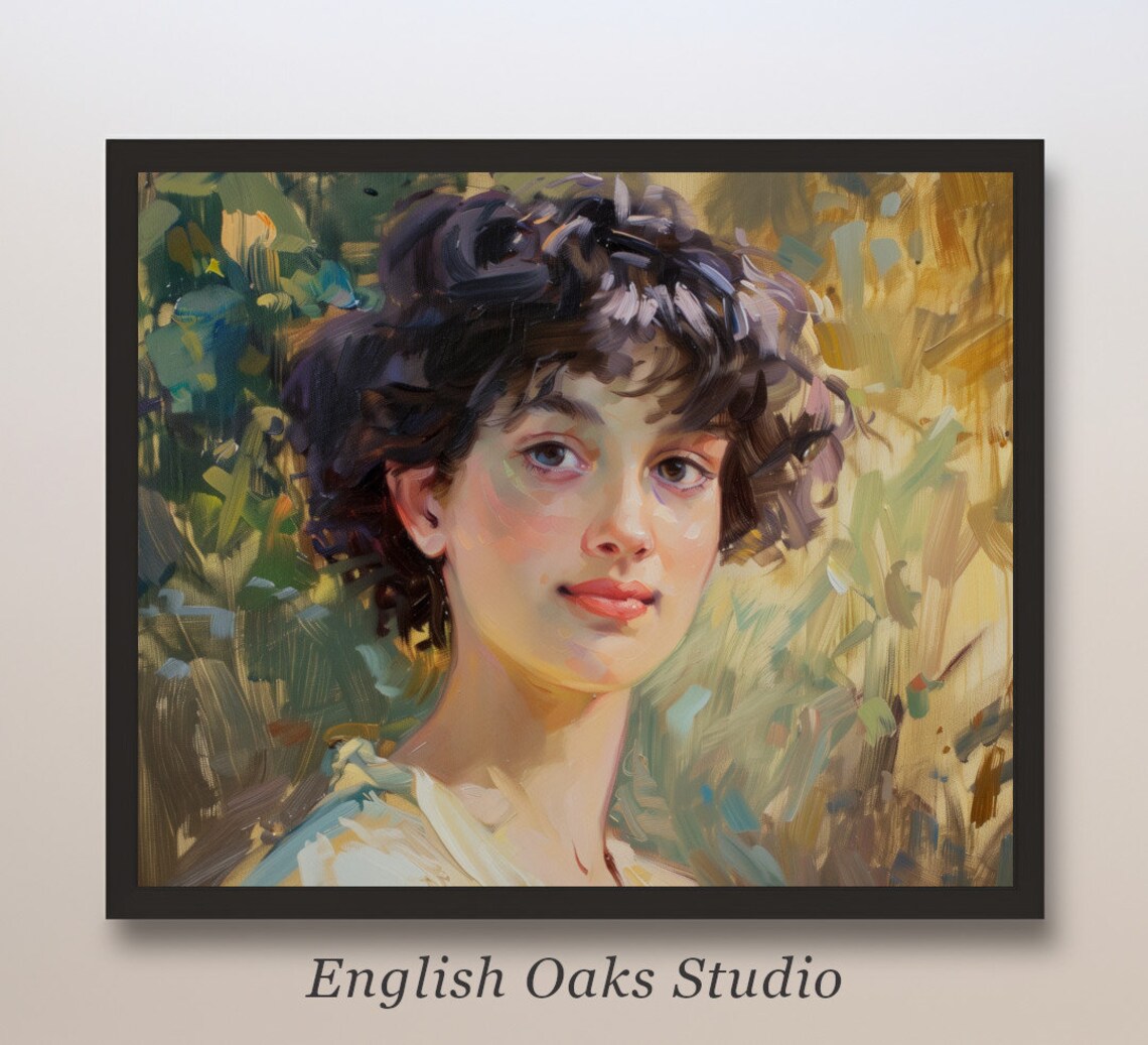 Vintage Oil Portrait Of A Young Woman With Dark Curly Hair Poster
