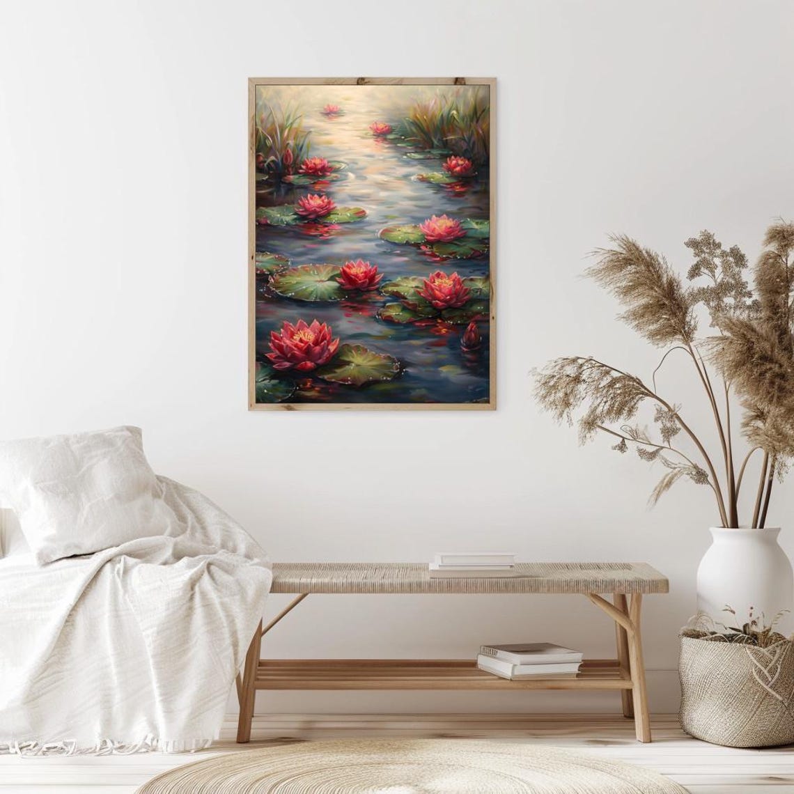 Vintage Water Lilies Print Botanical Flowers In Pond Landscape Painting - Image 2