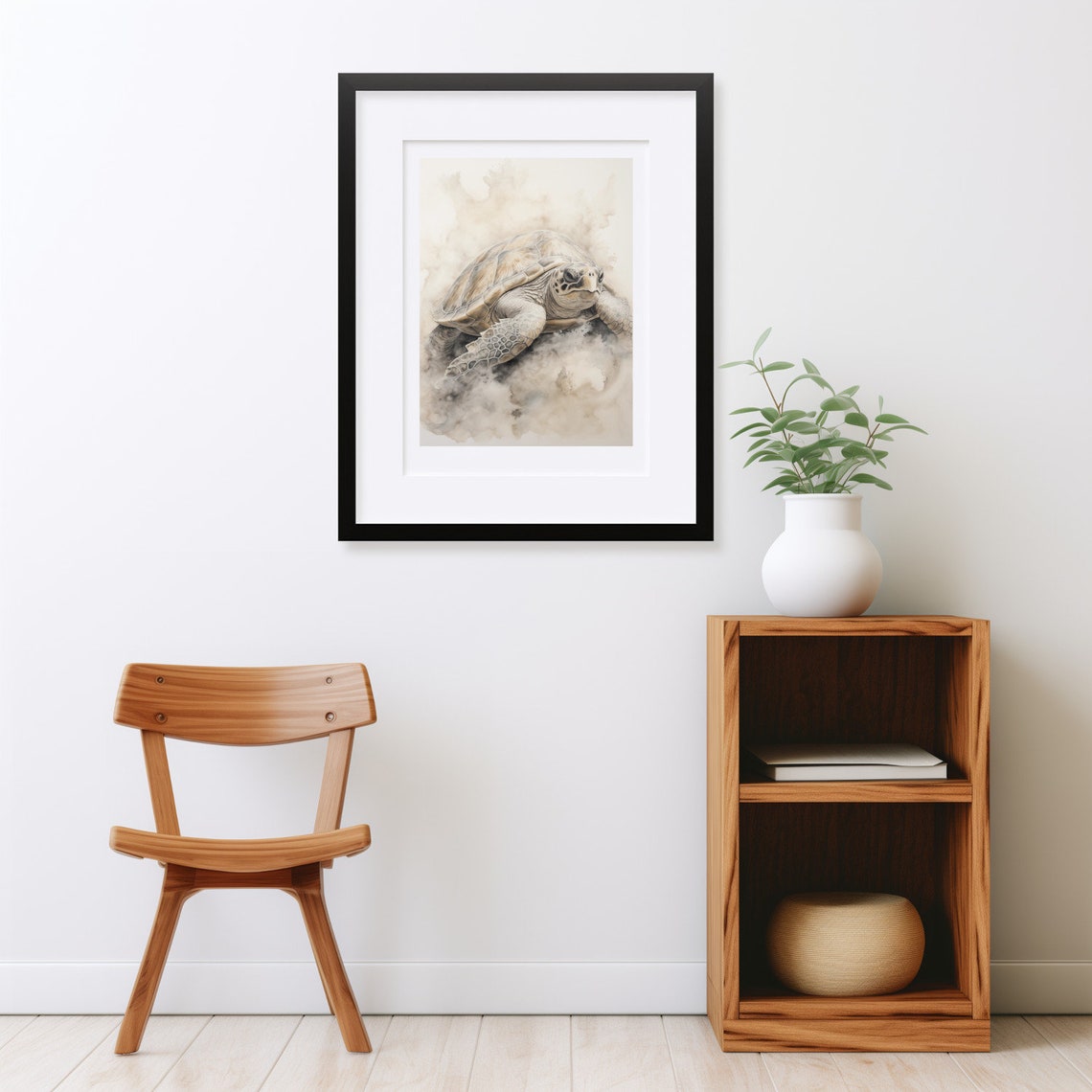 Sea Turtle in Soft Neutral Watercolor Washes Ocean Wildlife Art Print - Image 2