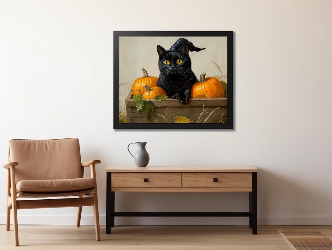 Orange Pumpkins With Black Cat, Vintage Autumn Art Print - Image 2