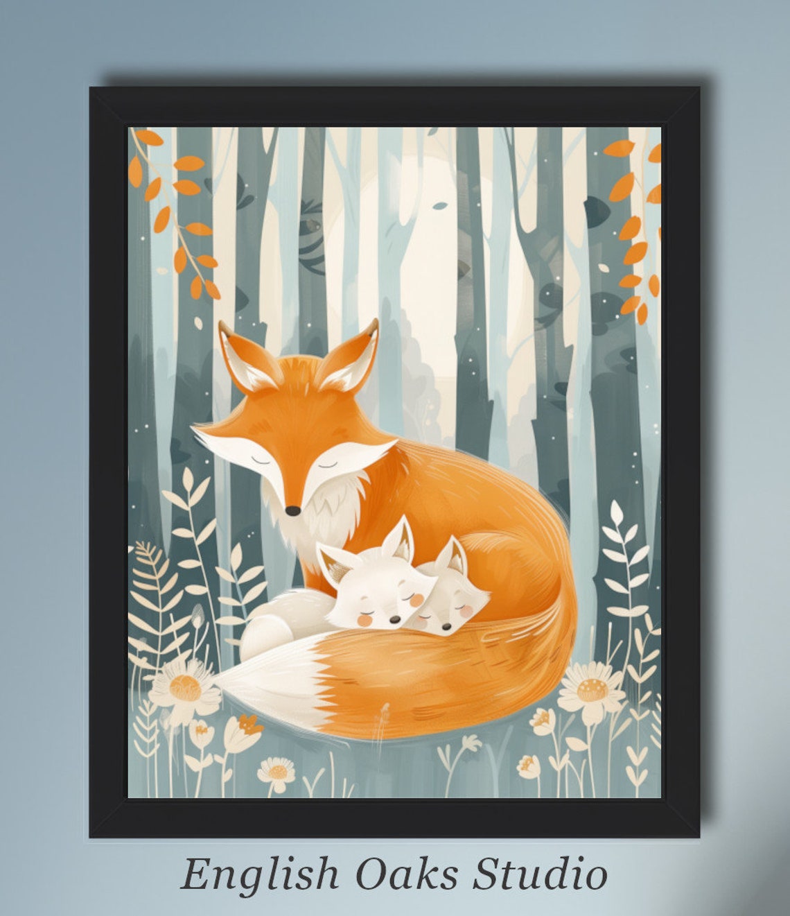 Sleeping Mother Fox Cuddling Two Kits Woodland Nursery Art Poster
