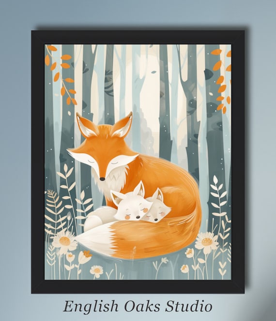 Sleeping Mother Fox Cuddling Two Kits Woodland Nursery Art Poster