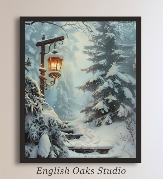 Moody Vintage Winter Stairs With Lamp Post Christmas Tree Forest Print Rustic Winter Snowy Landscape Painting