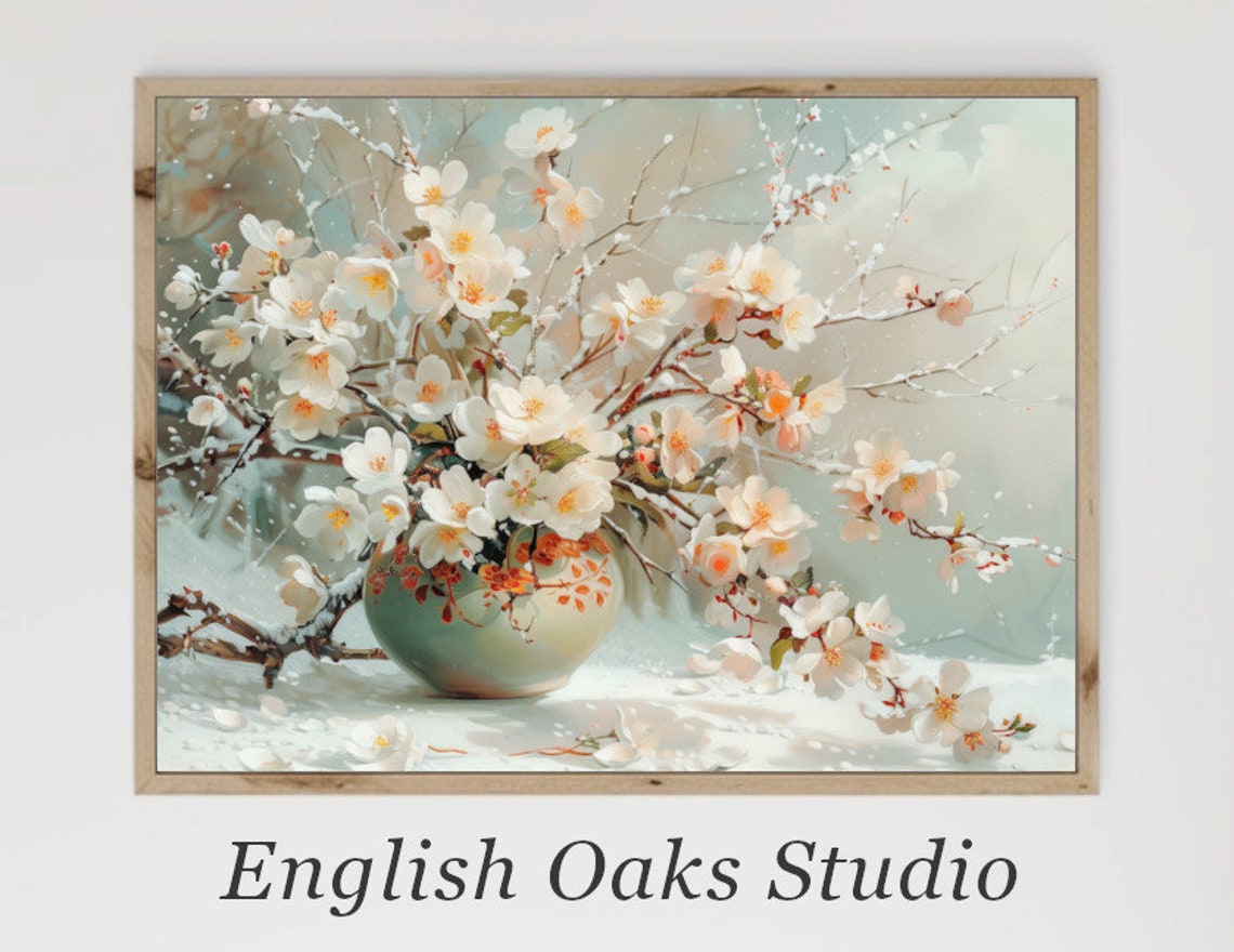 Winter Blossoms In Snow Vintage Botanical White Floral Painting Poster