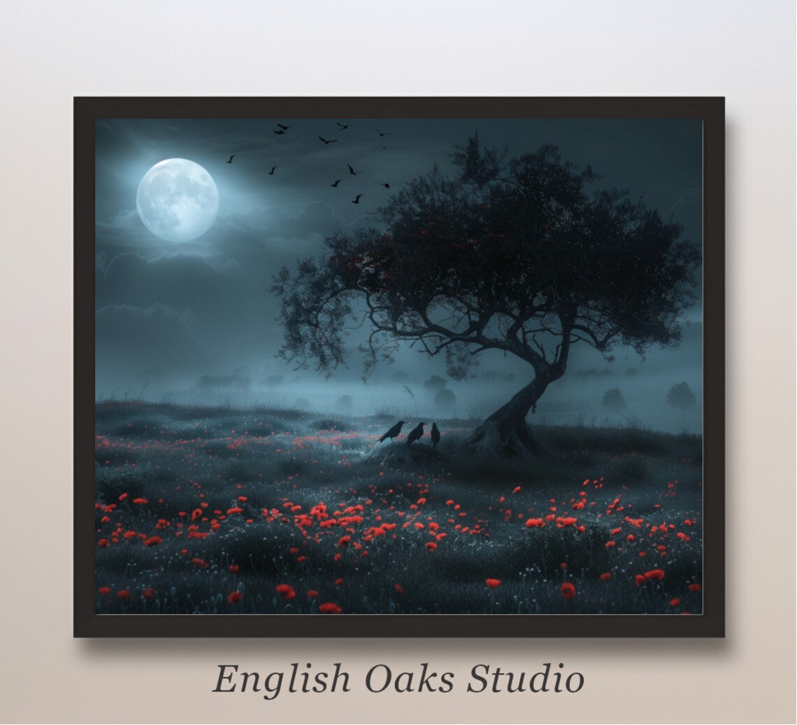 Dark Academia Poppy Field With Crows, Halloween Poster