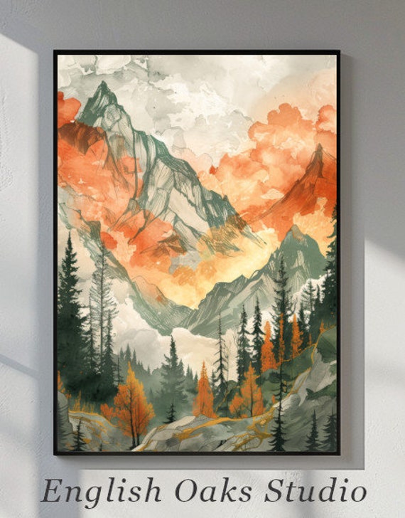 Mid Century Modern Mountains And Evergreen Trees Landscape Painting Modern Minimalist Print In Orange Green And Neutral Tones