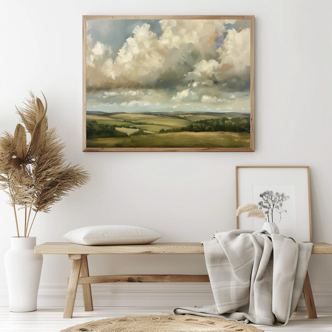 Muted Green Landscape With Dramatic Cloudy Sky Oil Painting Poster - Image 2