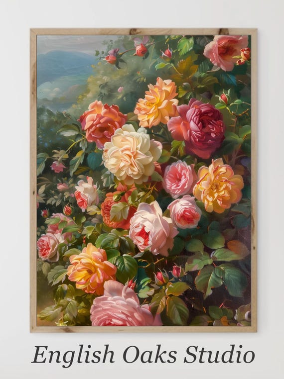 Moody Vintage Colorful Rose Bush Summer Landscape Painting Farmhouse Antique Blooming Floral Still Life Print