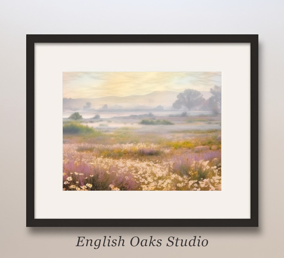 Misty Lavender Wildflower Meadow Morning Fog Landscape Poster