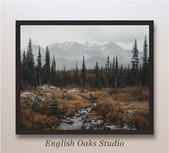 Rustic Fall Mountain And River Muted Tones Landscape Painting Moody Vintage Neutral Autumn Print