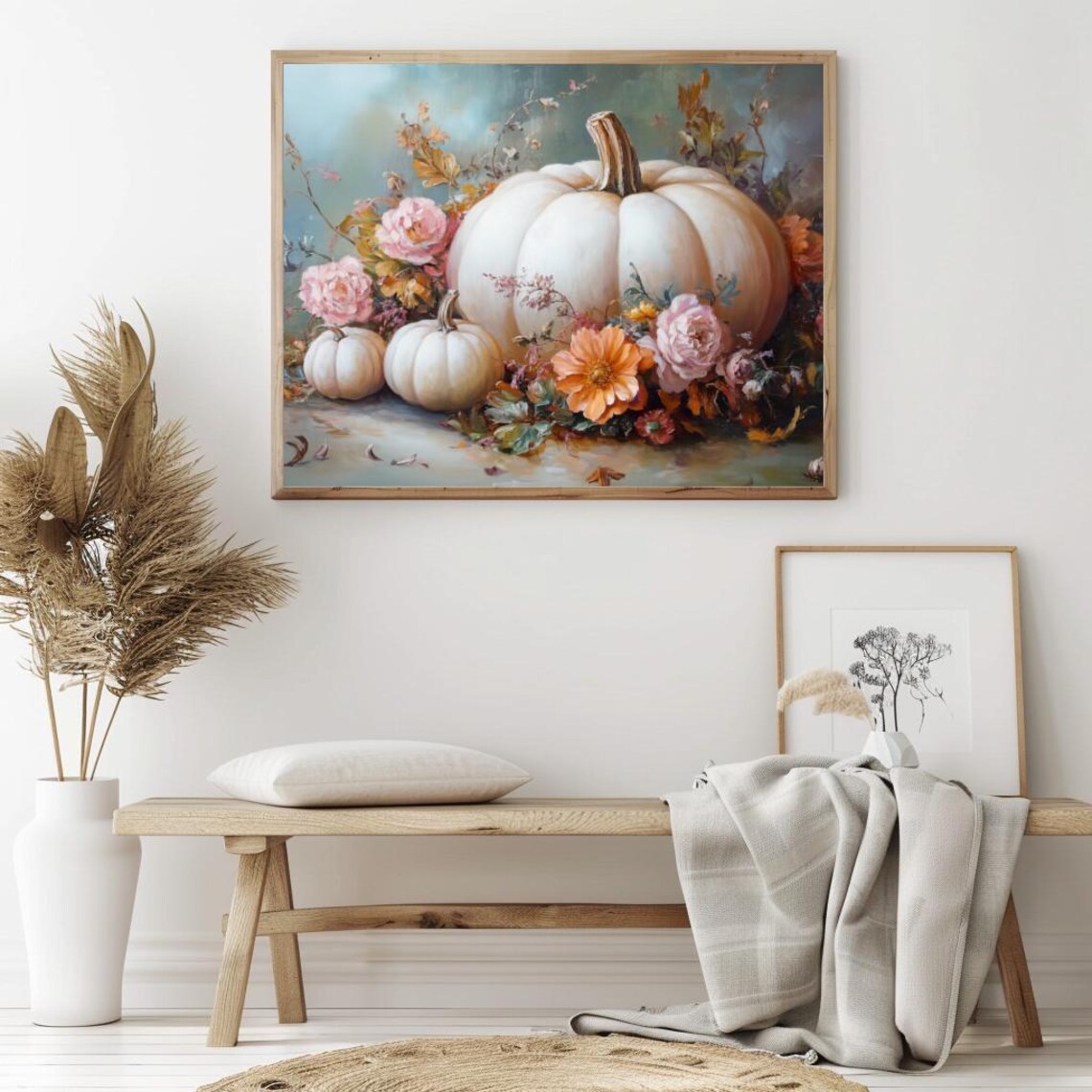 White Pumpkin with Pink Roses and Dahlia Romantic Fall Floral Art Poster - Image 2