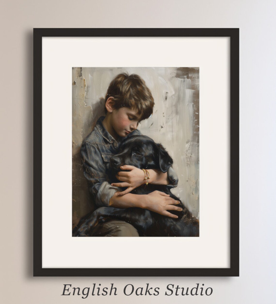Boy Hugging Black Dog Tender Vintage Portrait Painting Wall Art