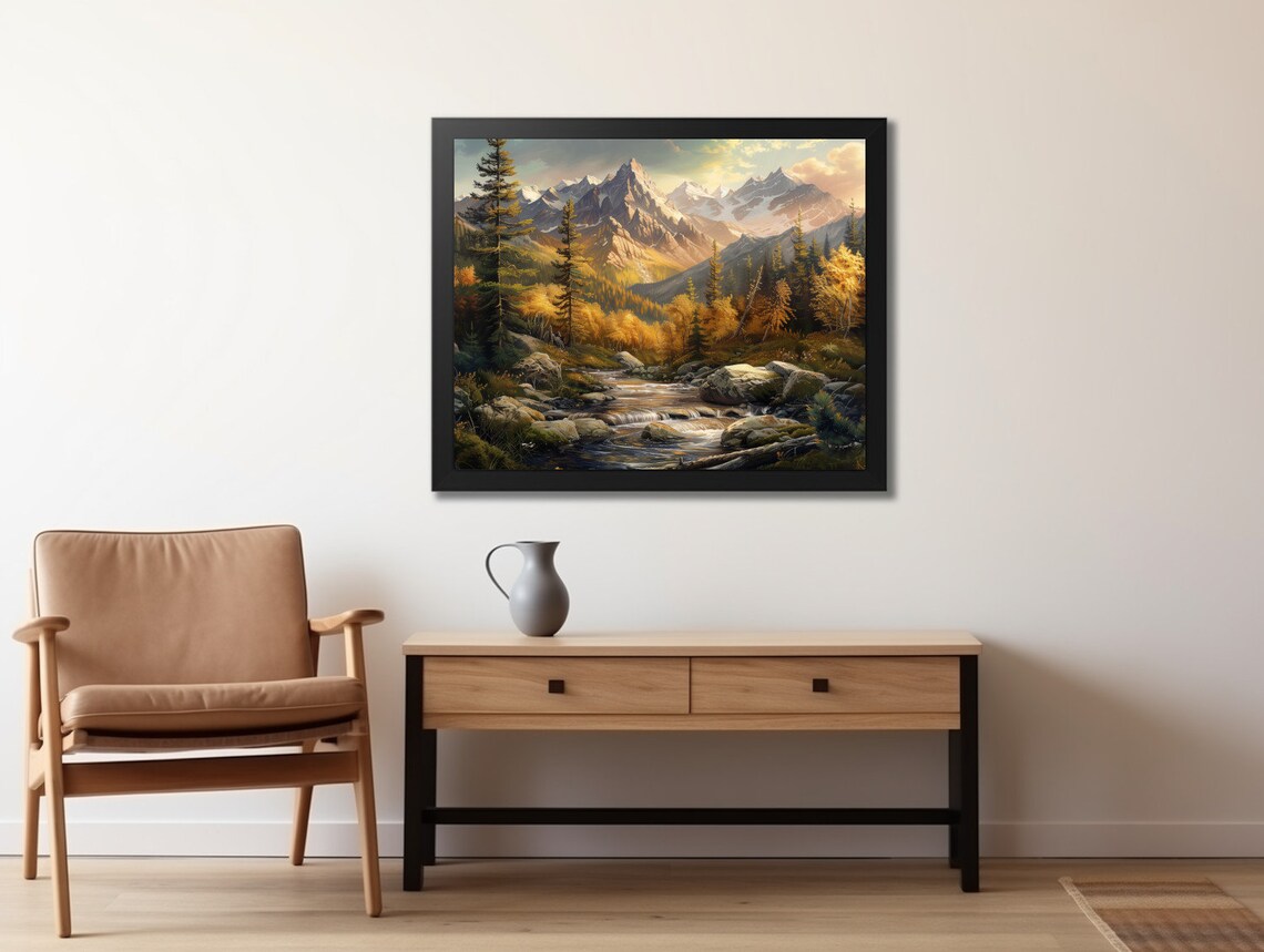 Autumn Mountain River Golden Pines Rocky Stream Snowcapped Peaks Poster - Image 2