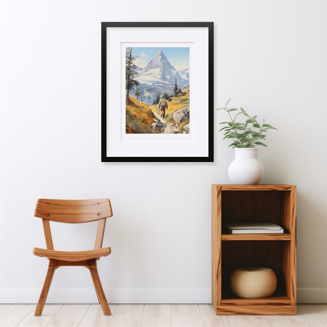 Vintage Man Hiking During Fall Painting Fall Mountain Landscape Wall Art - Image 2