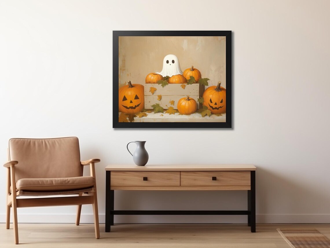 Cute Ghost with Jack O Lanterns in Wooden Crate Happy Halloween Art Poster - Image 2