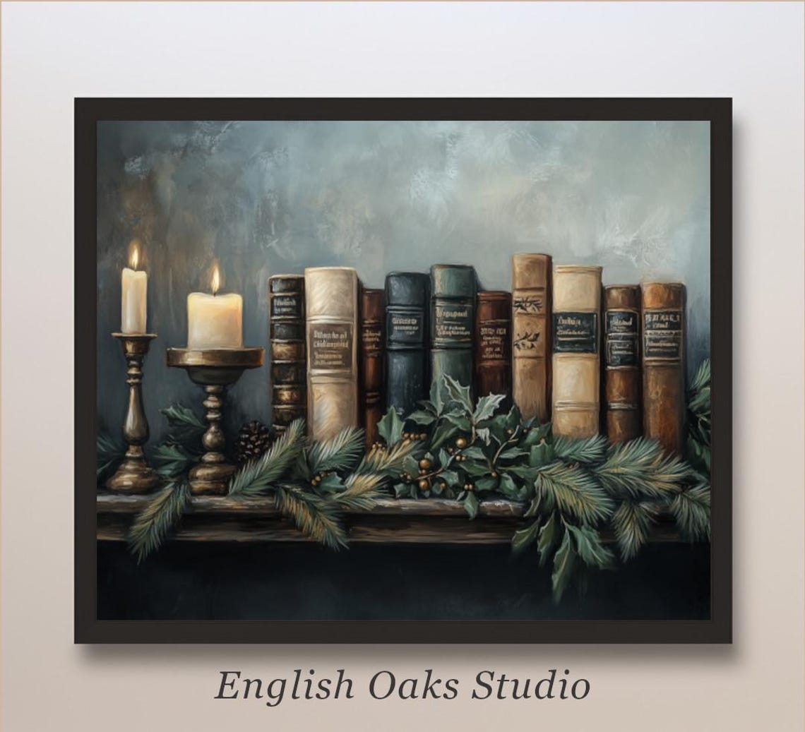 Vintage Books With Lit Candles And Winter Greenery Shelf Poster