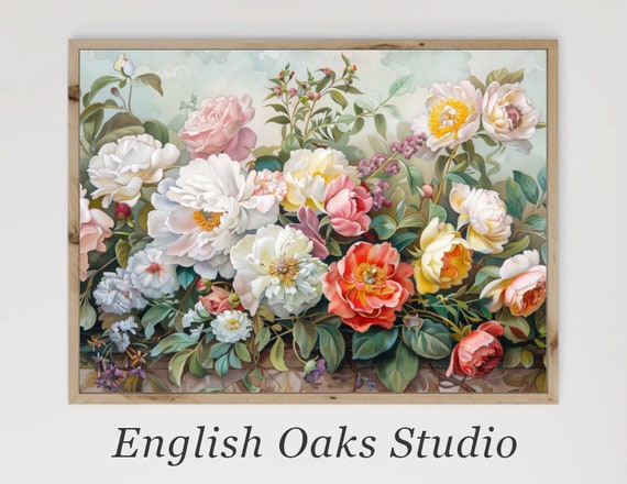 Vintage Watercolor Peonies Roses And Greenery On The Table Painting Moody Farmhouse Antique Colorful Floral Still Life Print
