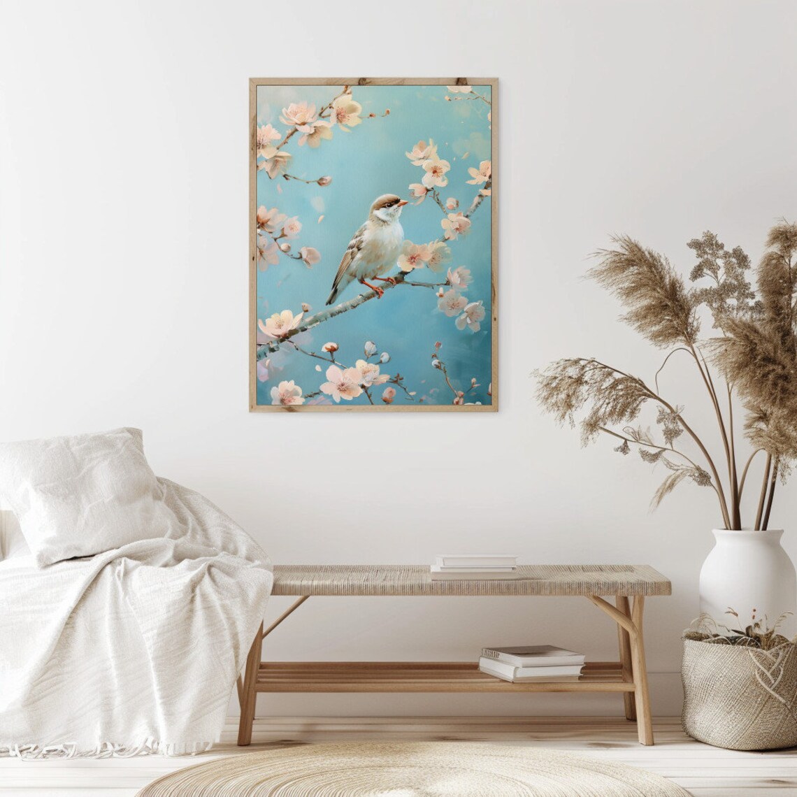 Little Songbird on Blossom Branch Painting Teal Spring Floral Poster - Image 2