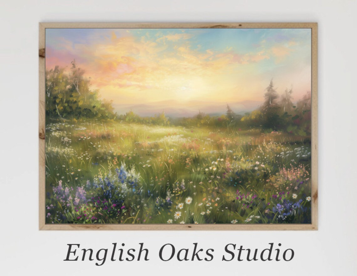 Wildflower Meadow At Sunset With Pastel Sky Oil Painting Poster