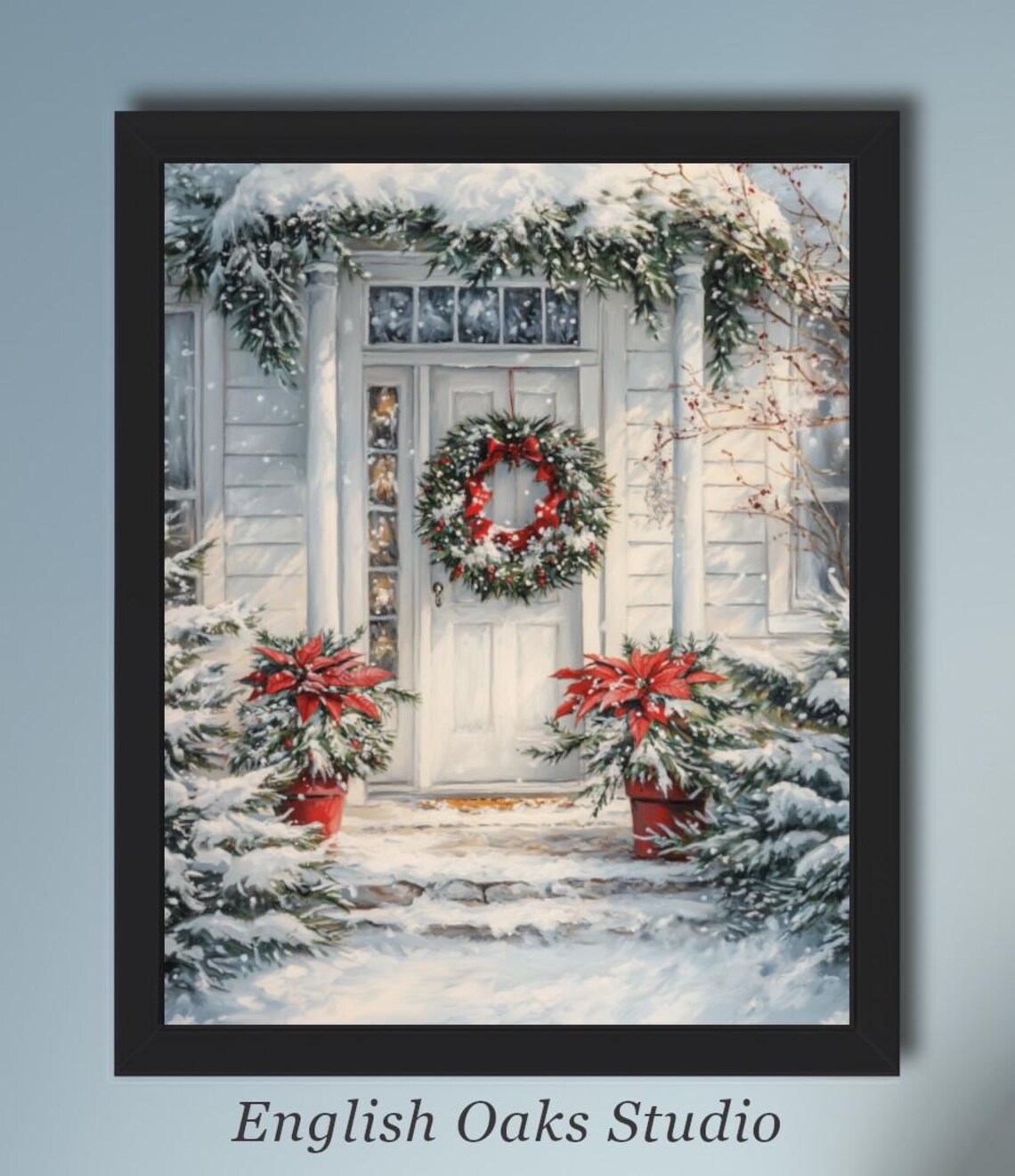 Snowy Christmas Front Door with Poinsettias and Wreath Poster