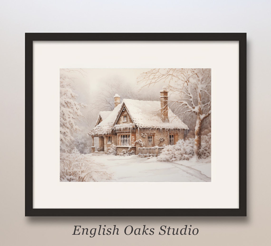 Cozy Stone Cottage with Snow Covered Roof Winter Evening Art Print