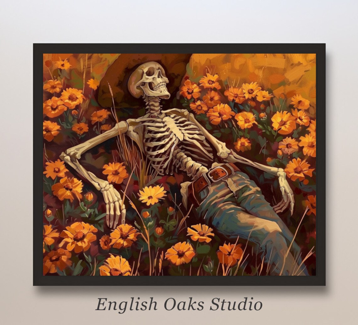 Rustic Skeleton Wildflowers Halloween Art Print