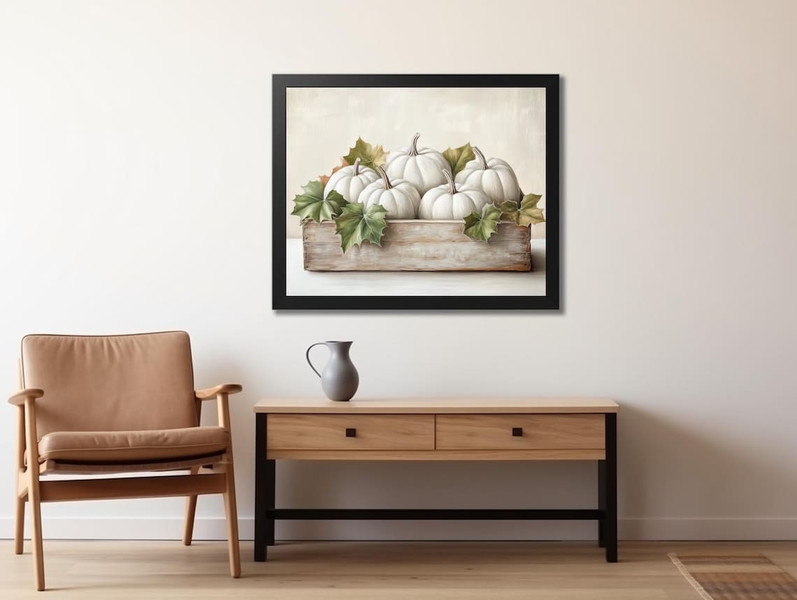 White Pumpkins in Weathered Wooden Box with Green Leaves Fall Still Life Poster - Image 2