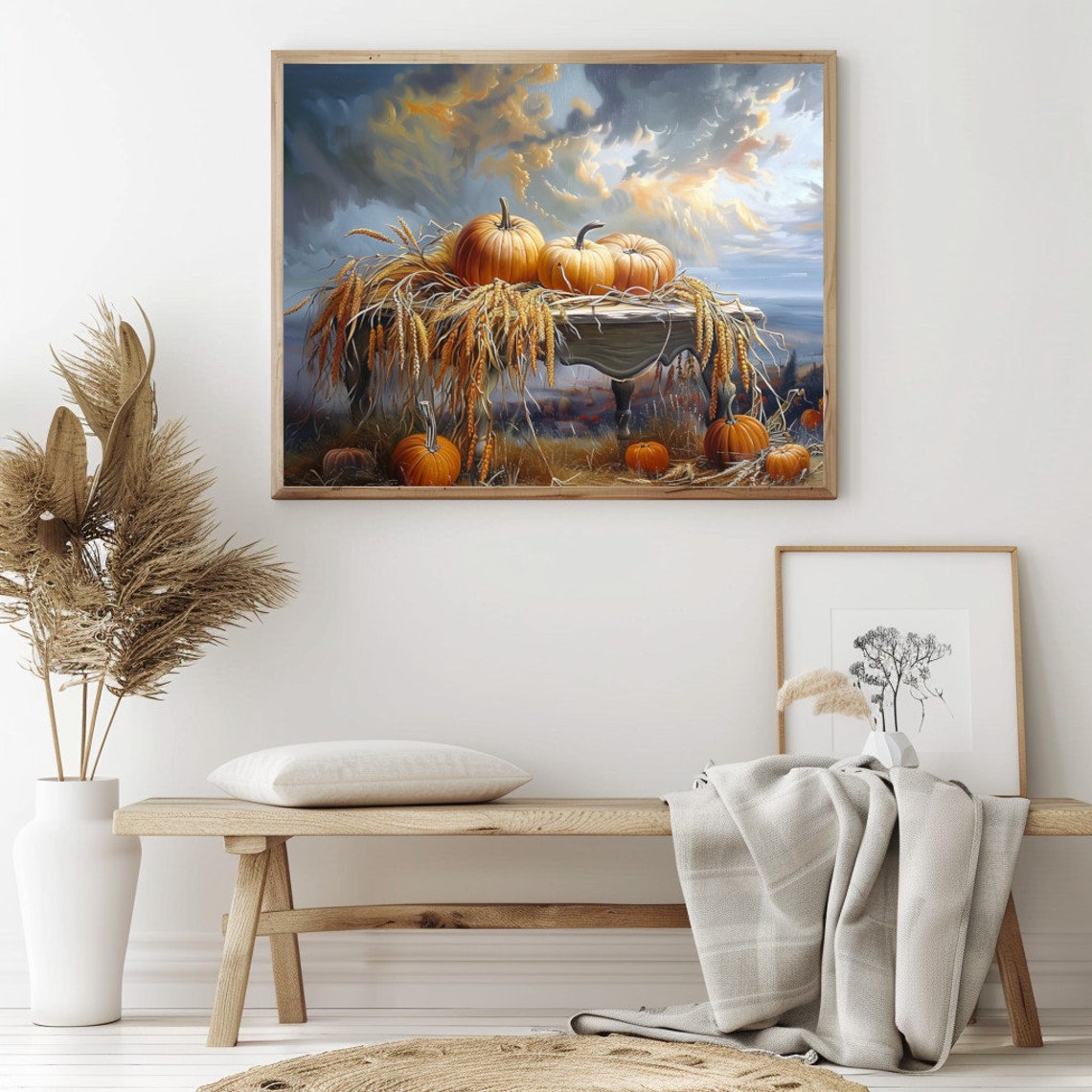 Pumpkins on Rustic Table with Wheat at Harvest Sunset Poster - Image 2