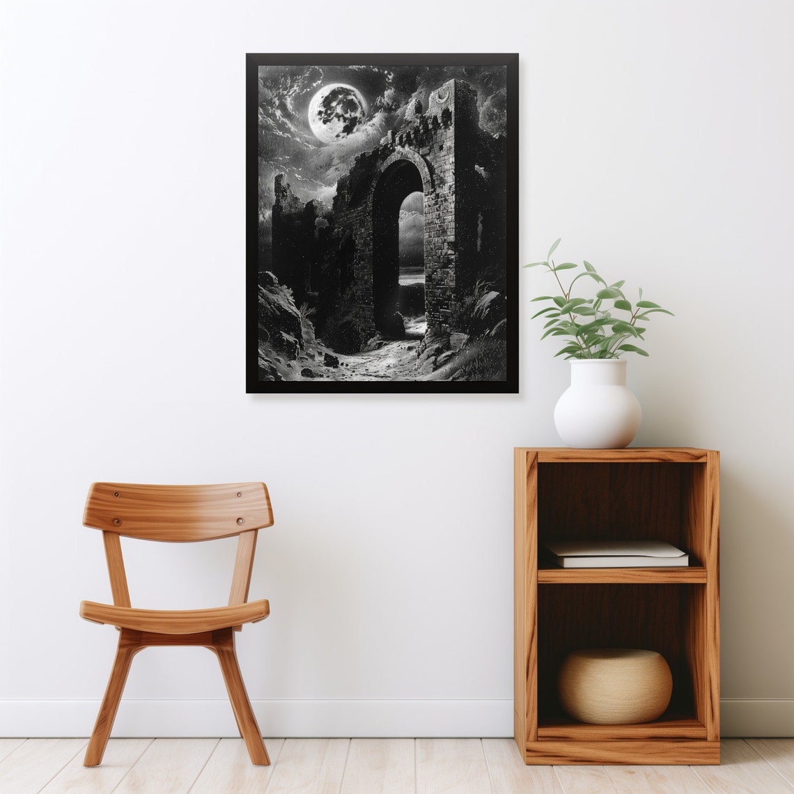 Gothic Stone Ruins Giant Full Moon Night Black White Spooky Poster - Image 2