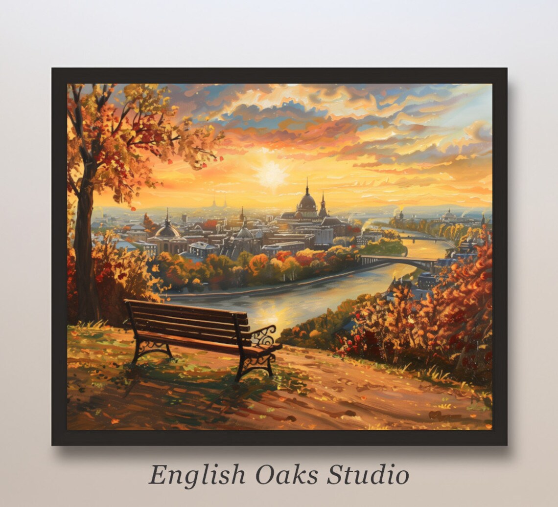 Autumn City Sunset Painting Wooden Park Bench European Skyline Poster