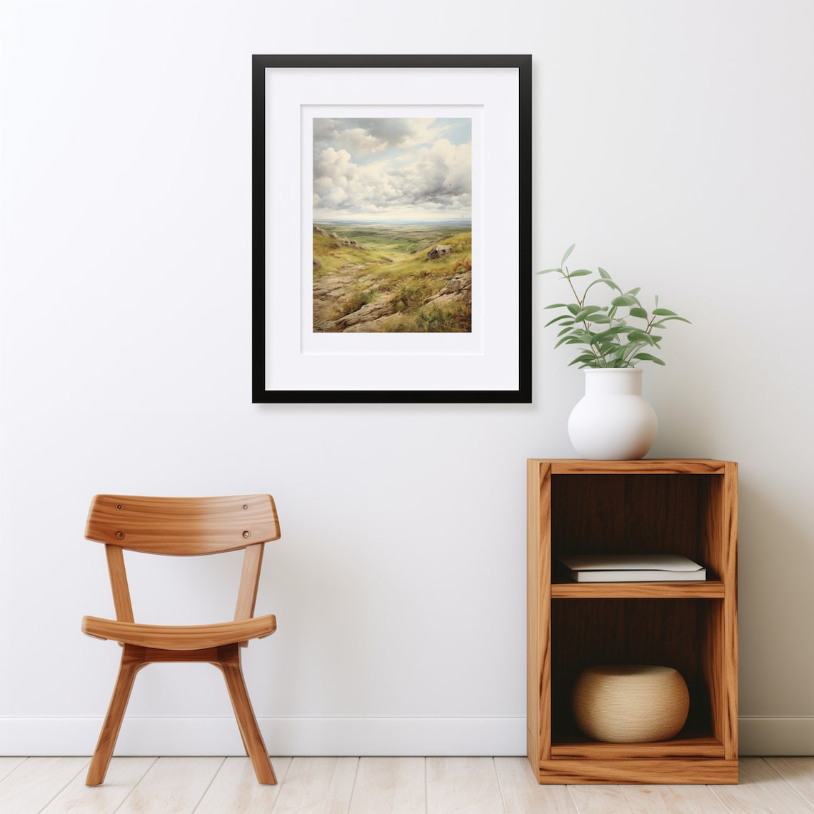 Rocky Hilltop Overlooking a Green Valley Cloudy Oil Painting Poster - Image 2