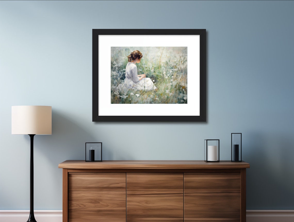 Girl In A Field Of Wildflowers Art Print Female By The Lake Painting 02 - Image 2