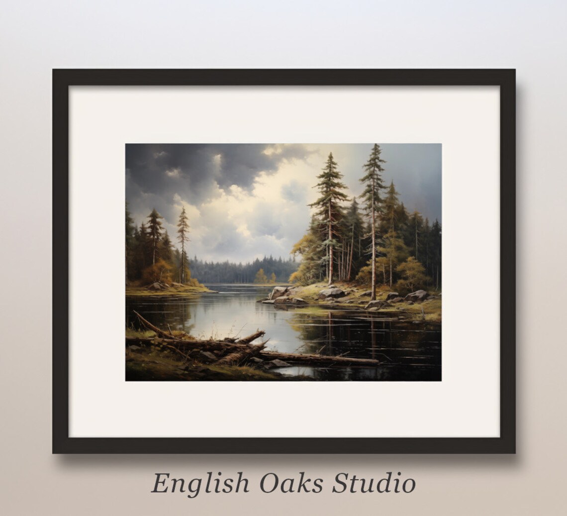 Moody Mountain Lake with Dark Evergreens Vintage Oil Painting Poster