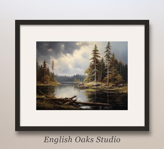 Rustic Moody Mountain Landscape Oil Painting Vintage Evergreen Forest Riverside Art Print