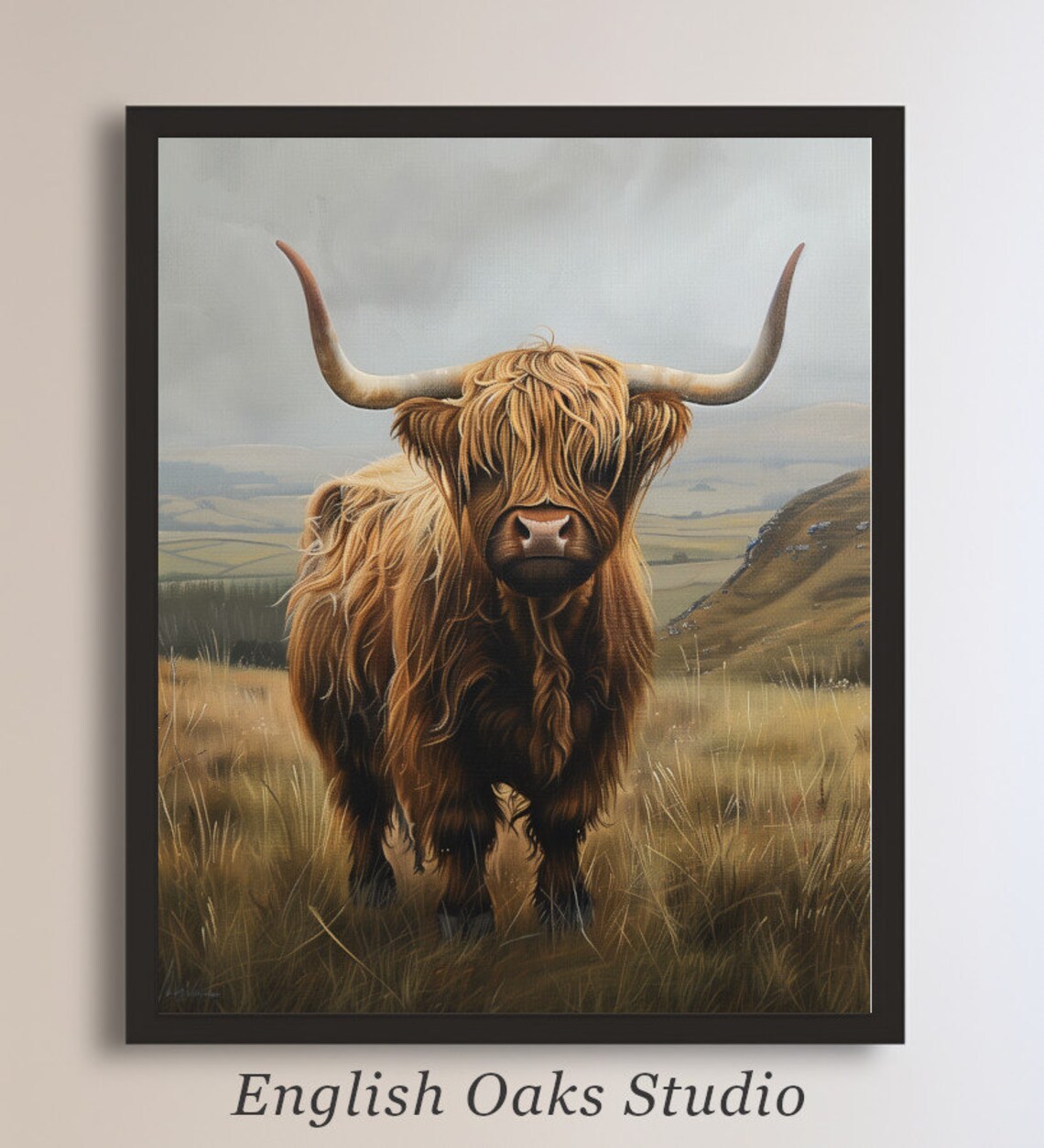 Highland Cow Portrait Golden Moor Farmhouse Rustic Cattle Painting Poster