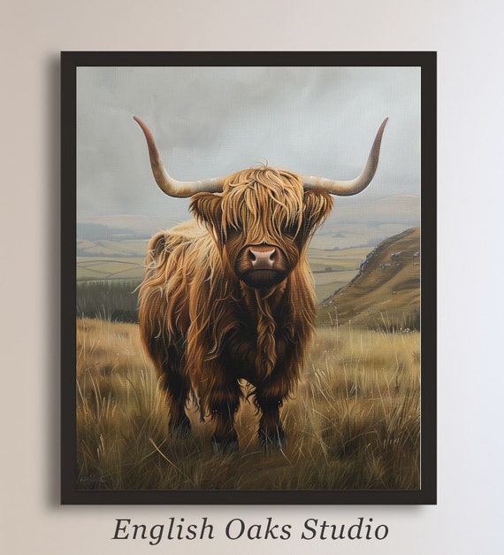 Farmhouse Summer Highland Cow Print Moody Rustic Neutral Hill Cattle Landscape Painting