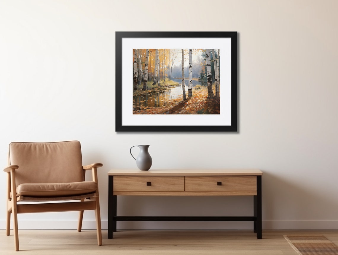 Rustic Fall Riverside Birch Forest Landscape Oil Painting River Front Birch Trees Wall Art - Image 2