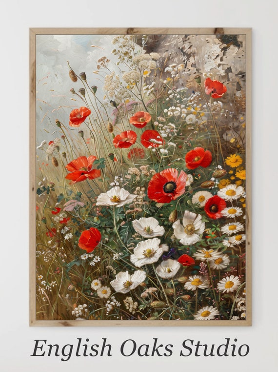 Vintage Rustic Wildflowers Field Summer Landscape Vintage Painting Moody Spring Farmhouse Poppy Daisy Landscape Print