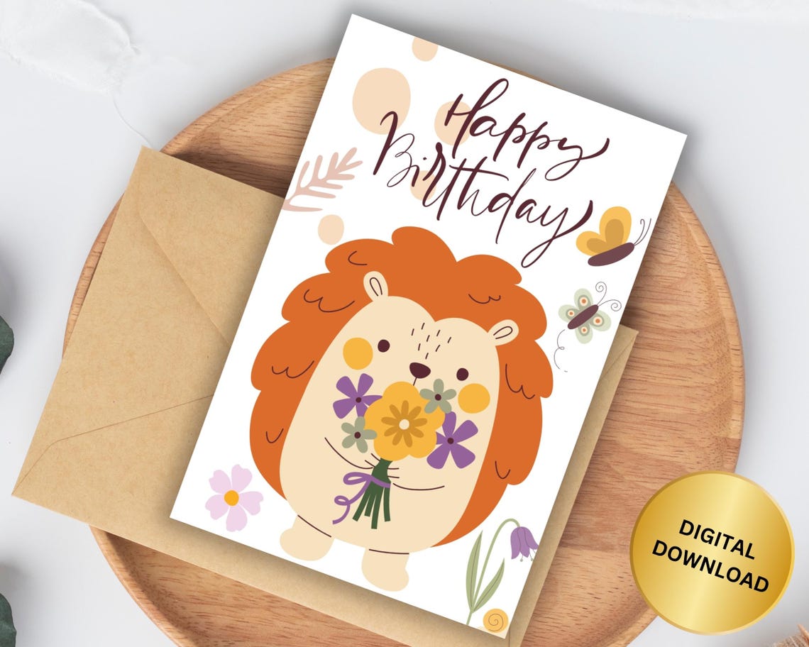 Happy Birthday Hedgehog Holding Flower Bouquet Card Poster Design