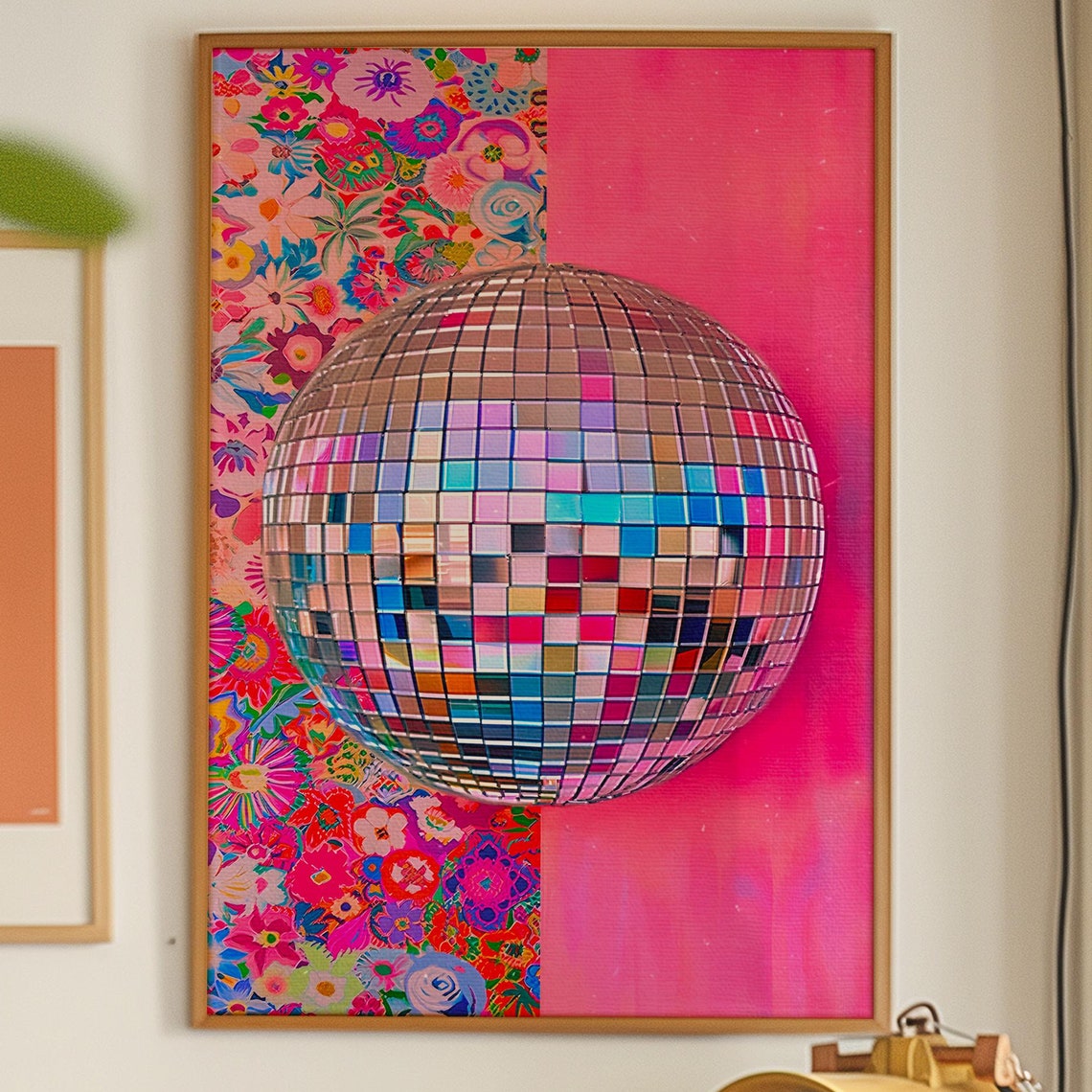 Disco Ball Floral Mirrorball Maximalist Party Poster Hot Pink