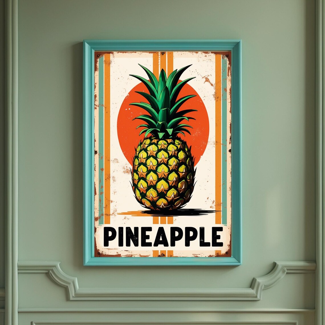 Pineapple Retro Tropical Sign Orange Sun Vintage Kitchen Poster